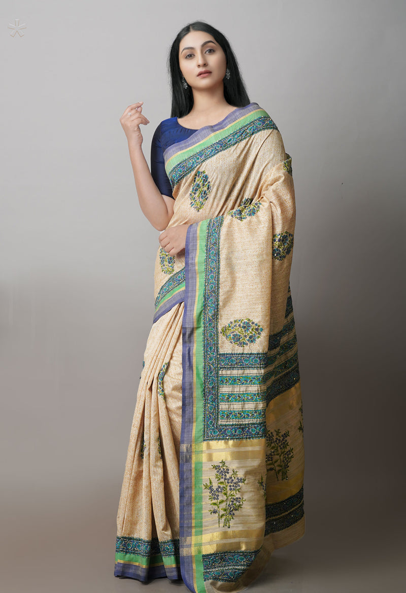 Brown  Hand Block Printed Bengal Tussar Silk Saree With Chips and Hand Kantha work-UNM71448