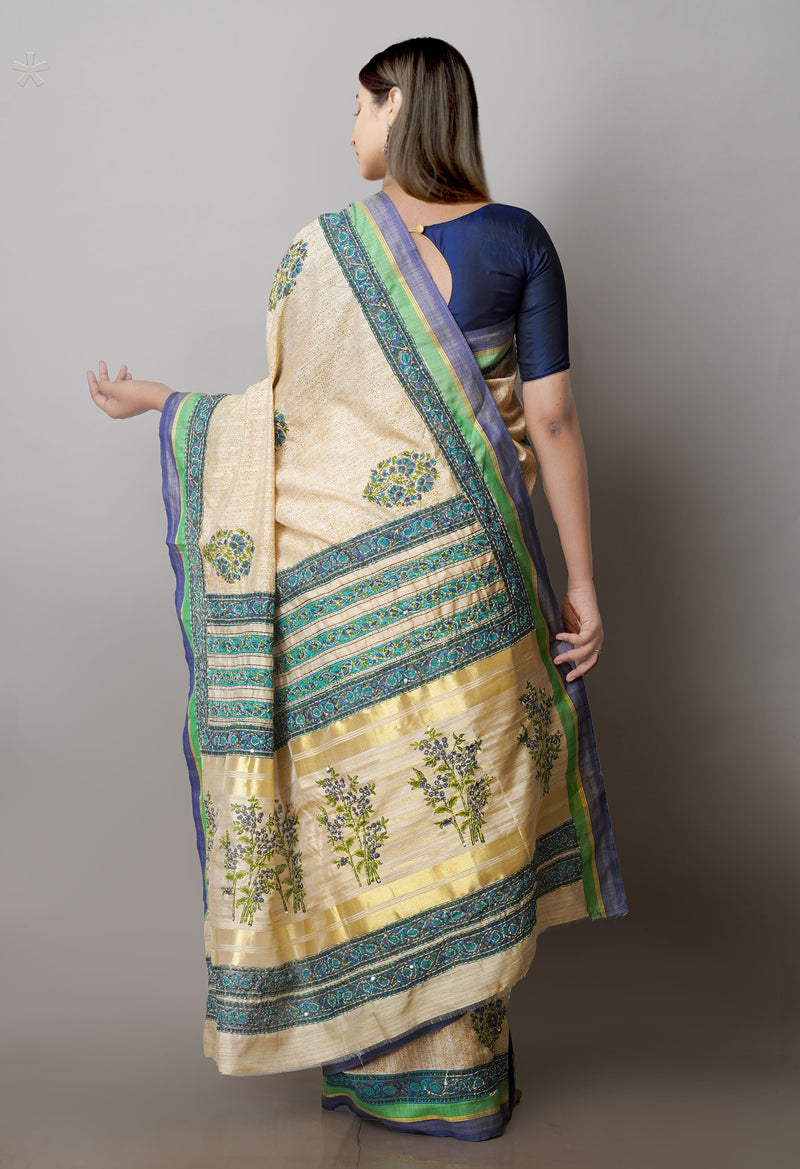 Brown  Hand Block Printed Bengal Tussar Silk Saree With Chips and Hand Kantha work-UNM71448