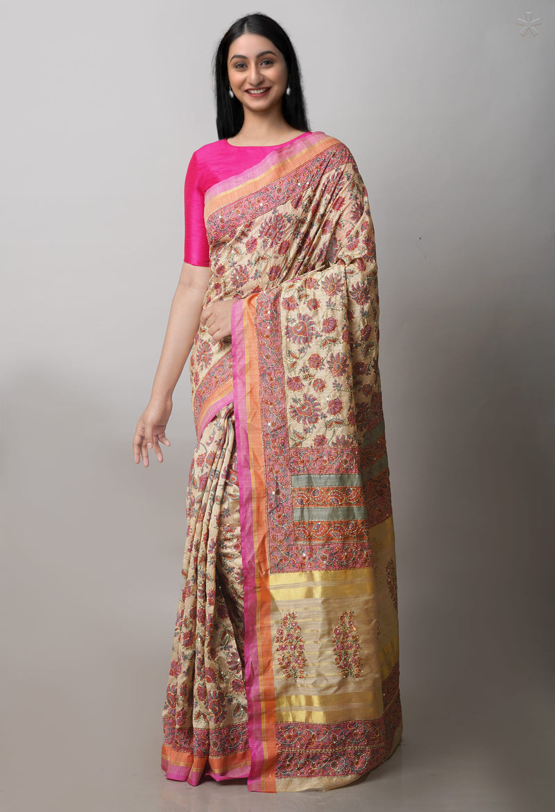Brown  Hand Block Printed Bengal Tussar Silk Saree With Chips and Hand Kantha work-UNM71449