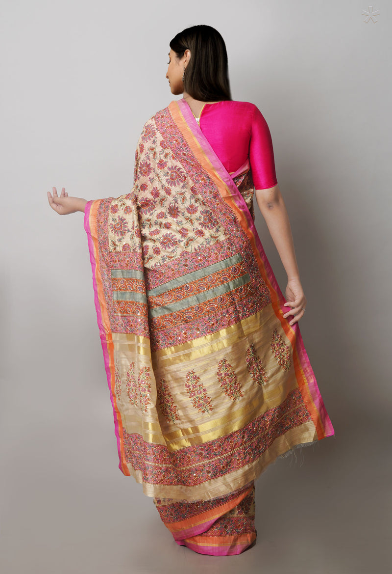 Brown  Hand Block Printed Bengal Tussar Silk Saree With Chips and Hand Kantha work-UNM71449