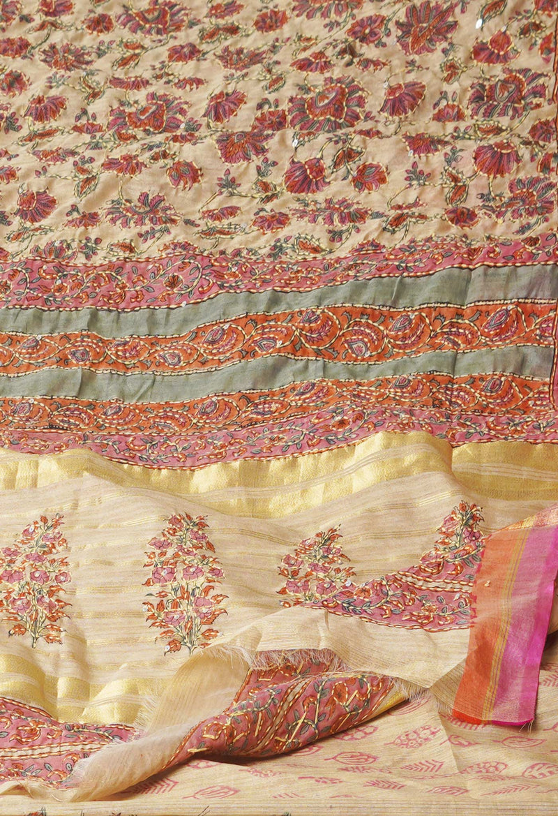 Brown  Hand Block Printed Bengal Tussar Silk Saree With Chips and Hand Kantha work-UNM71449