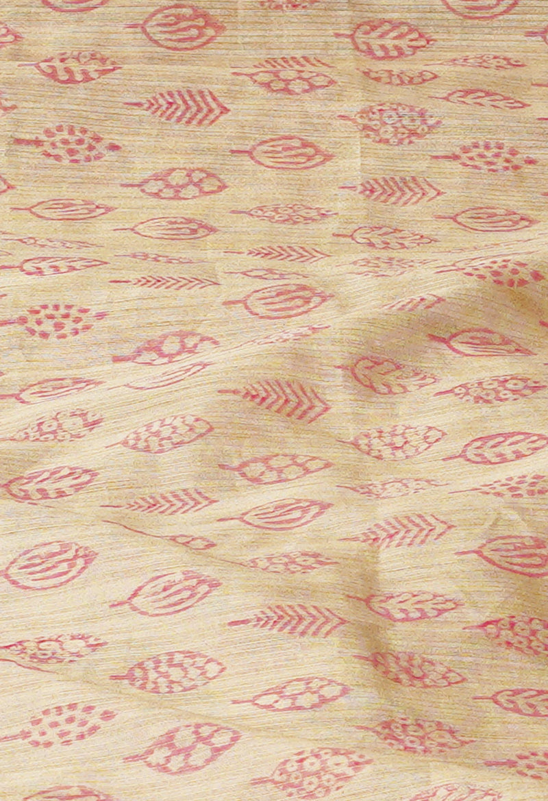 Brown  Hand Block Printed Bengal Tussar Silk Saree With Chips and Hand Kantha work-UNM71449
