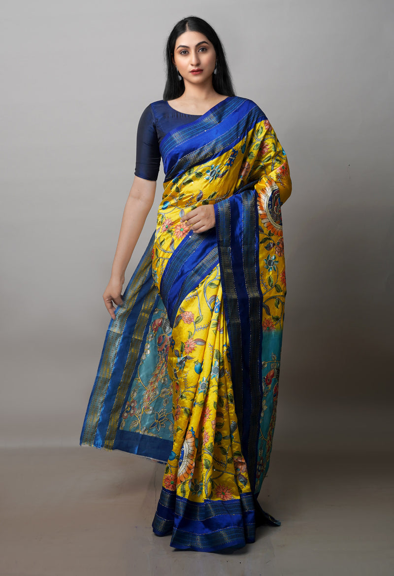 Lemon Yellow  Kalamkari Printed Soft Silk Saree With Chips and Hand Kantha work-UNM71450