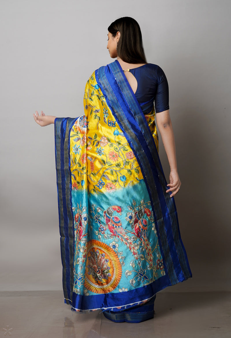 Lemon Yellow  Kalamkari Printed Soft Silk Saree With Chips and Hand Kantha work-UNM71450