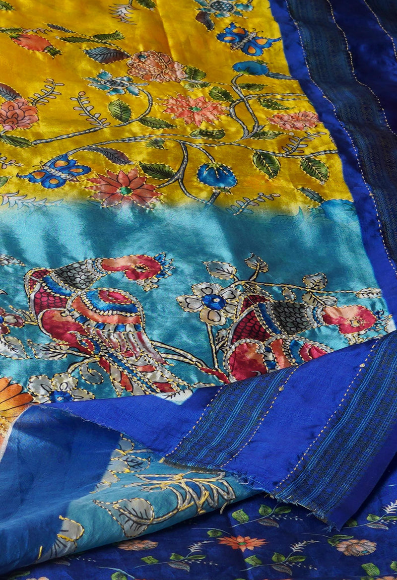 Lemon Yellow  Kalamkari Printed Soft Silk Saree With Chips and Hand Kantha work-UNM71450