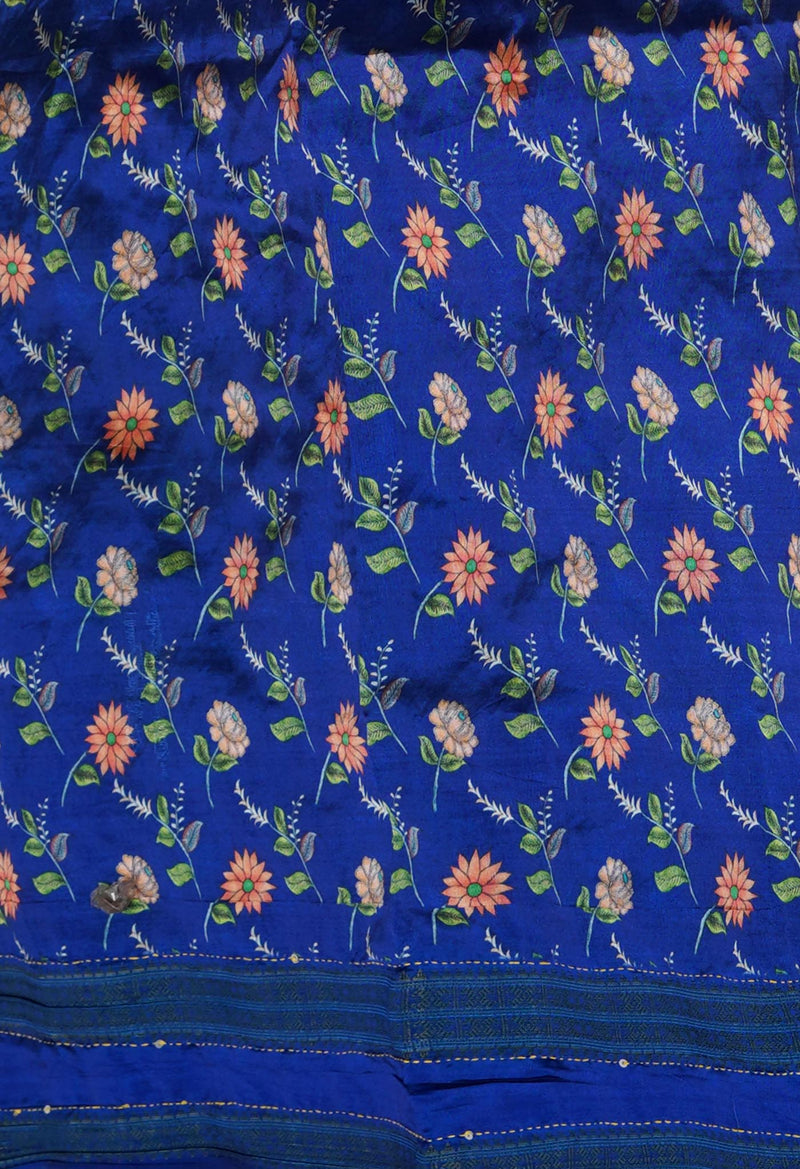 Lemon Yellow  Kalamkari Printed Soft Silk Saree With Chips and Hand Kantha work-UNM71450