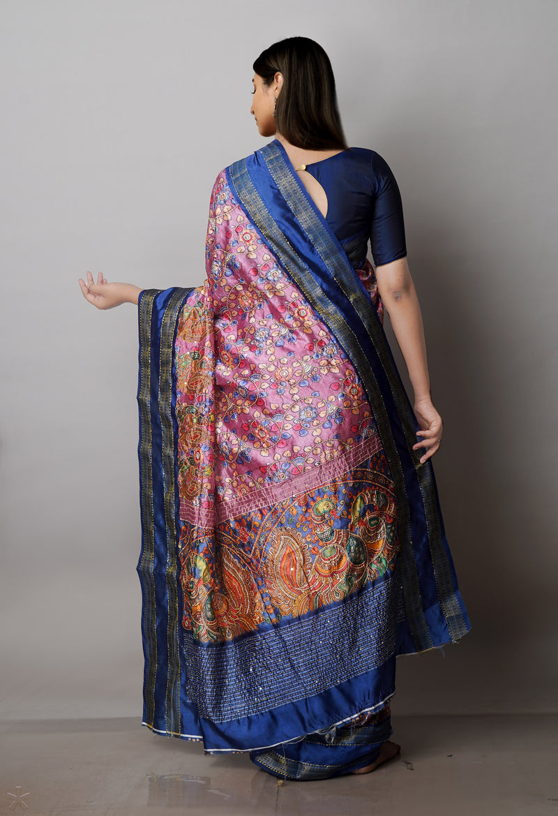 Pink  Kalamkari Printed Soft Silk Saree With Chips and Hand Kantha work-UNM71451