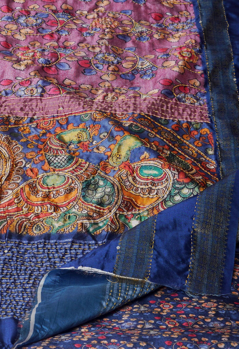Pink  Kalamkari Printed Soft Silk Saree With Chips and Hand Kantha work-UNM71451