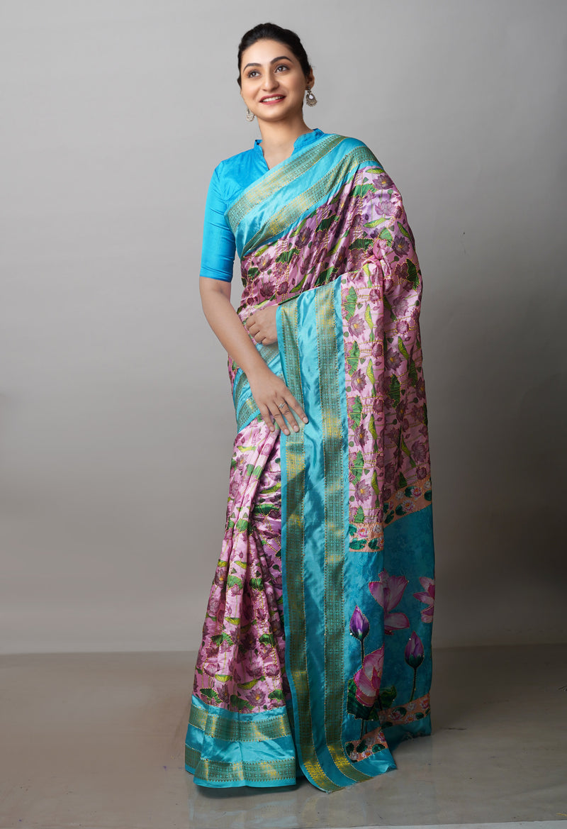 Pink  Kalamkari Printed Soft Silk Saree With Chips and Hand Kantha work-UNM71452