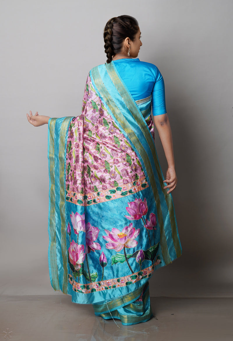 Pink  Kalamkari Printed Soft Silk Saree With Chips and Hand Kantha work-UNM71452