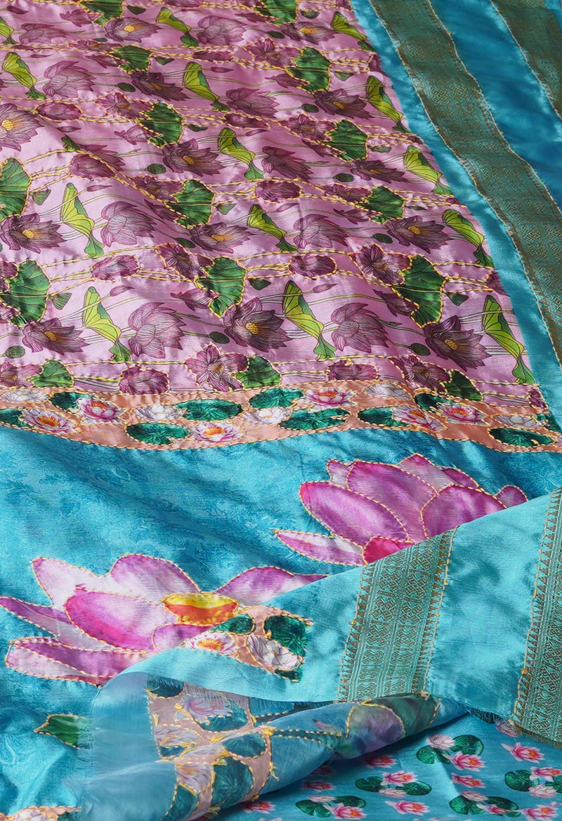 Pink  Kalamkari Printed Soft Silk Saree With Chips and Hand Kantha work-UNM71452