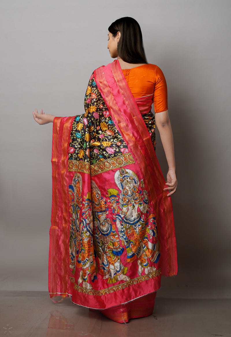 Black  Kalamkari Printed Soft Silk Saree With Chips and Hand Kantha work-UNM71453