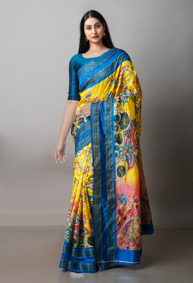 Lemon Yellow  Kalamkari Printed Soft Silk Saree With Chips and Hand Kantha work-UNM71454
