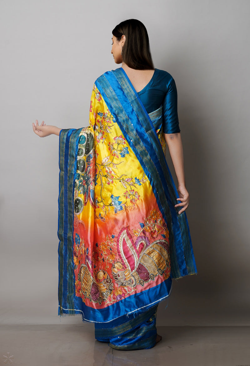 Lemon Yellow  Kalamkari Printed Soft Silk Saree With Chips and Hand Kantha work-UNM71454