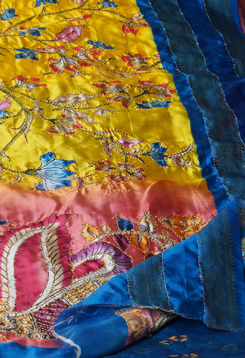 Lemon Yellow  Kalamkari Printed Soft Silk Saree With Chips and Hand Kantha work-UNM71454