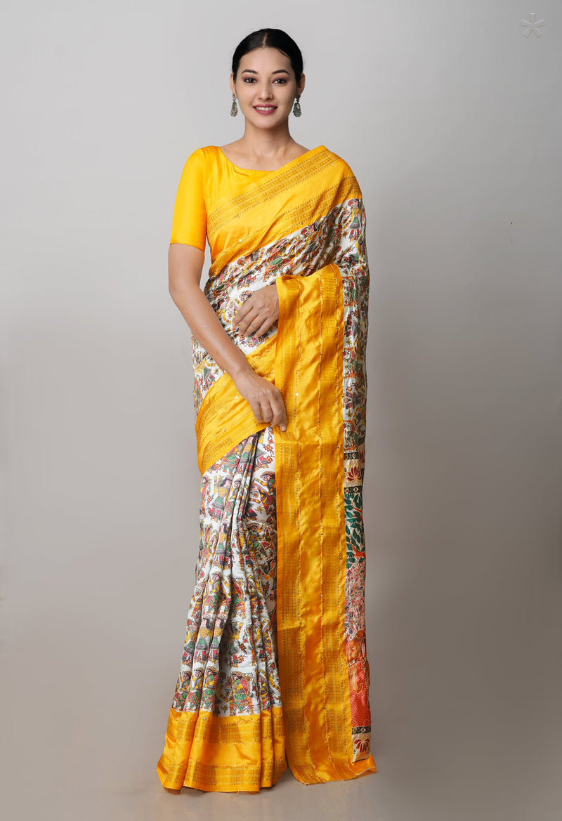 Cream  Kalamkari Printed Soft Silk Saree With Chips and Hand Kantha work-UNM71455