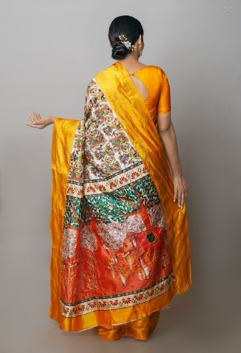 Cream  Kalamkari Printed Soft Silk Saree With Chips and Hand Kantha work-UNM71455