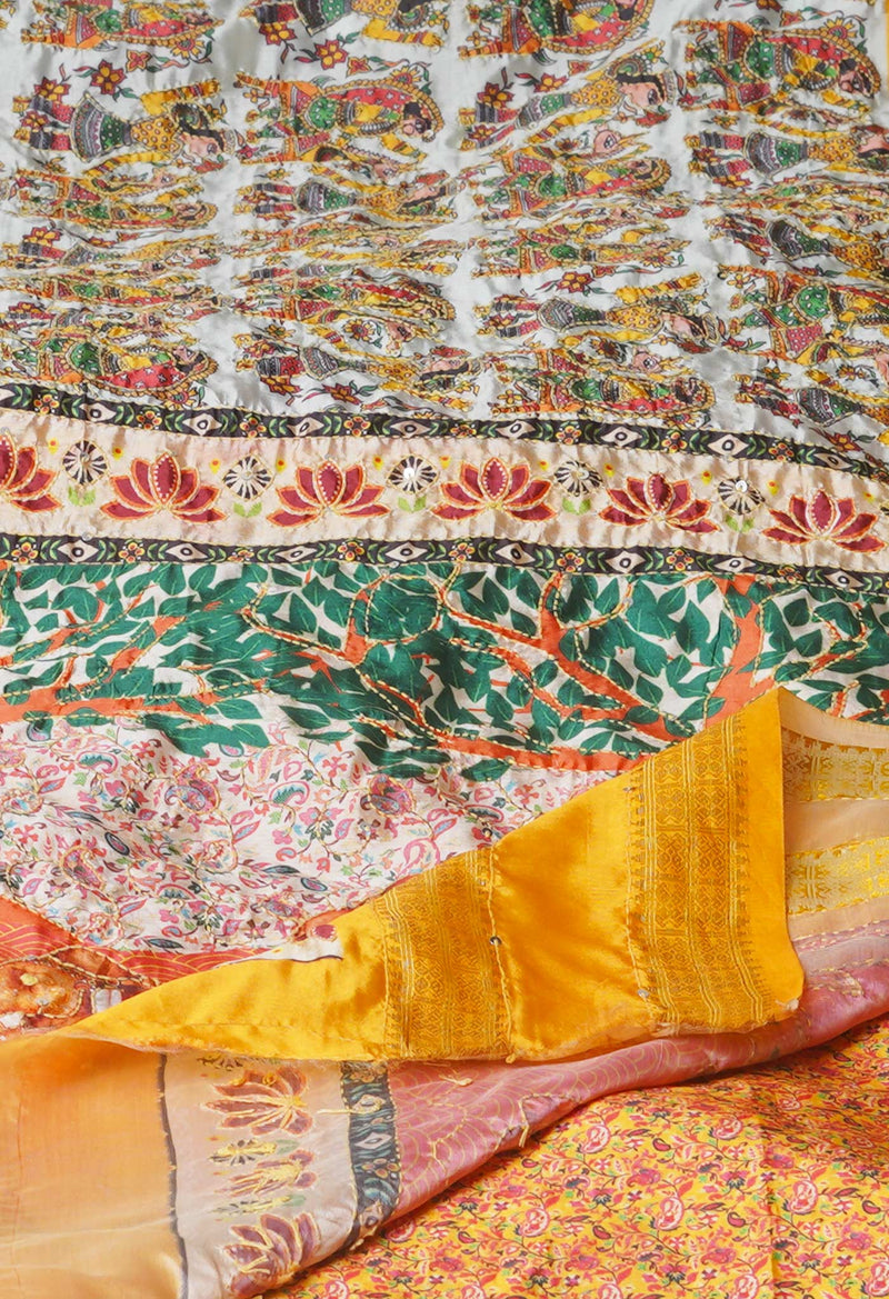 Cream  Kalamkari Printed Soft Silk Saree With Chips and Hand Kantha work-UNM71455