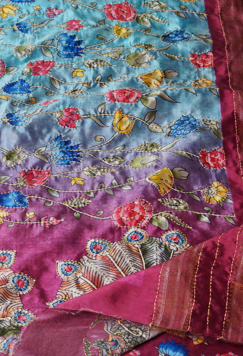 Sky Blue  Kalamkari Printed Soft Silk Saree With Chips and Hand Kantha work-UNM71456