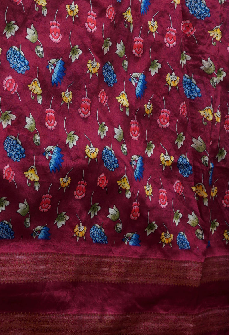 Sky Blue  Kalamkari Printed Soft Silk Saree With Chips and Hand Kantha work-UNM71456
