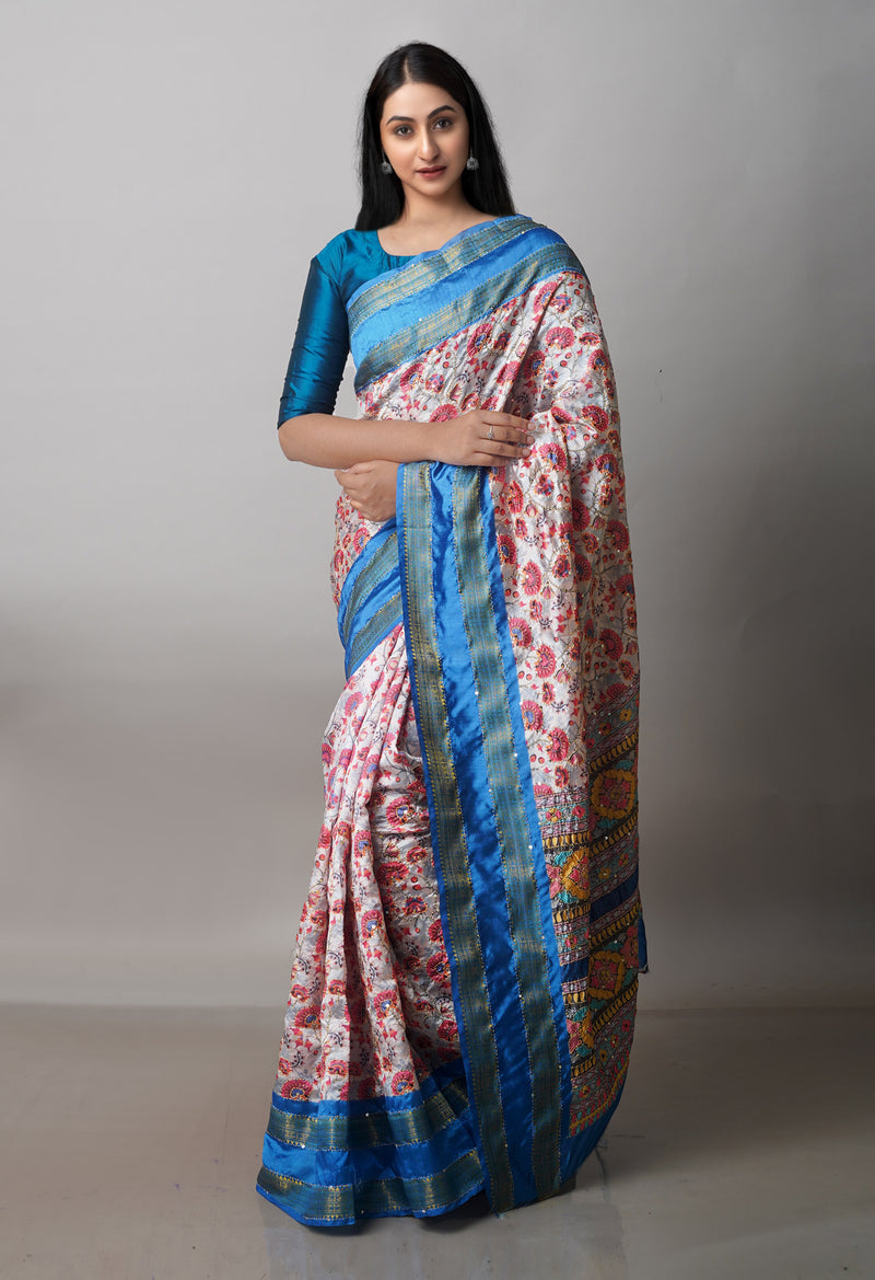 Cream  Kalamkari Printed Soft Silk Saree With Chips and Hand Kantha work-UNM71458