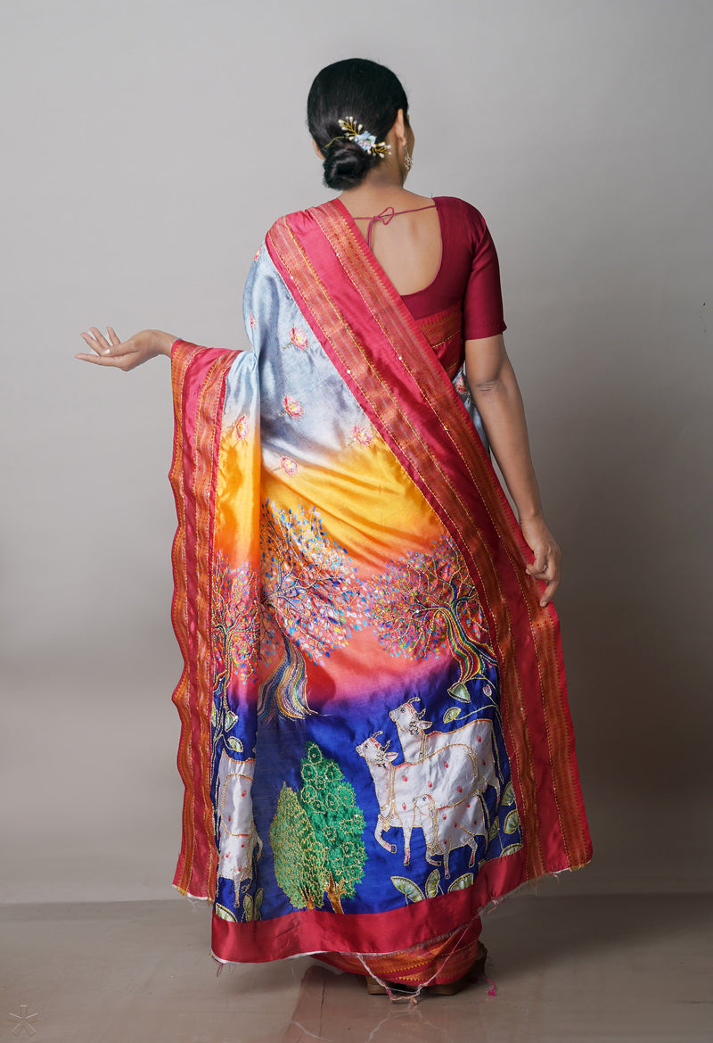 Grey  Kalamkari Printed Soft Silk Saree With Chips,Pichwai and Hand Kantha work-UNM71459