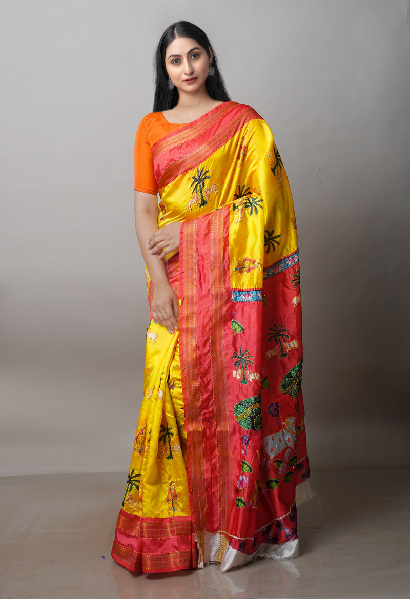 Lemon Yellow  Kalamkari Printed Soft Silk Saree With Chips,Pichwai and Hand Kantha work
-UNM71460