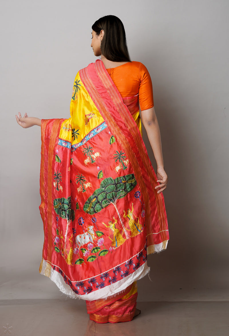 Lemon Yellow  Kalamkari Printed Soft Silk Saree With Chips,Pichwai and Hand Kantha work
-UNM71460