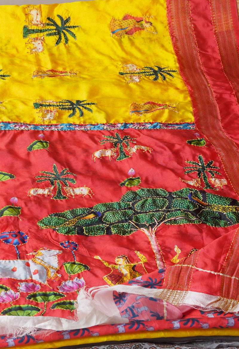 Lemon Yellow  Kalamkari Printed Soft Silk Saree With Chips,Pichwai and Hand Kantha work
-UNM71460
