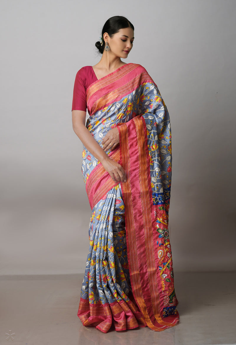 Grey  Kalamkari Printed Soft Silk Saree With Chips,Pichwai and Hand Kantha work
-UNM71461
