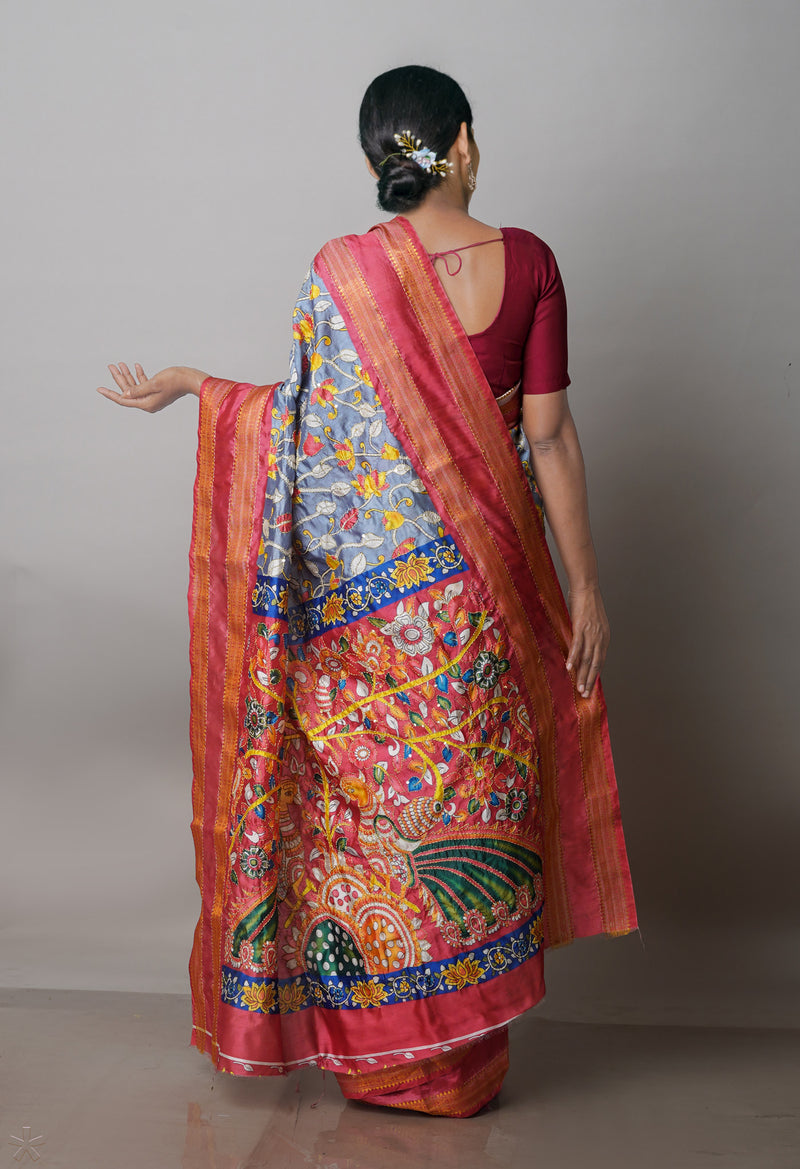 Grey  Kalamkari Printed Soft Silk Saree With Chips,Pichwai and Hand Kantha work
-UNM71461