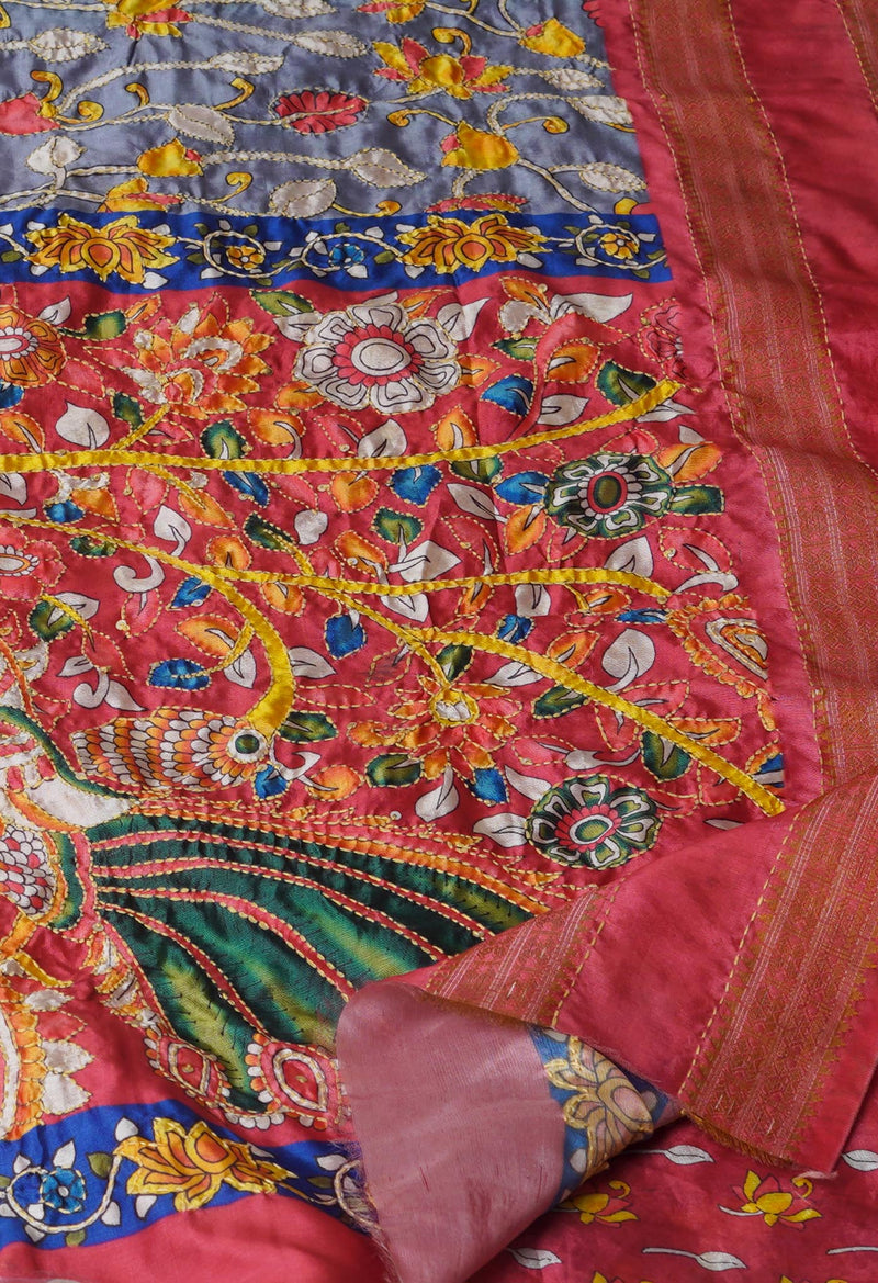 Grey  Kalamkari Printed Soft Silk Saree With Chips,Pichwai and Hand Kantha work
-UNM71461