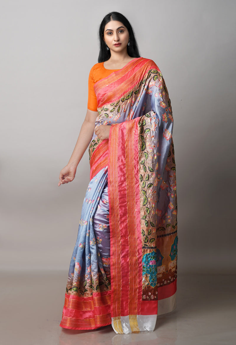 Grey  Kalamkari Printed Soft Silk Saree With Chips,Pichwai and Hand Kantha work
-UNM71463