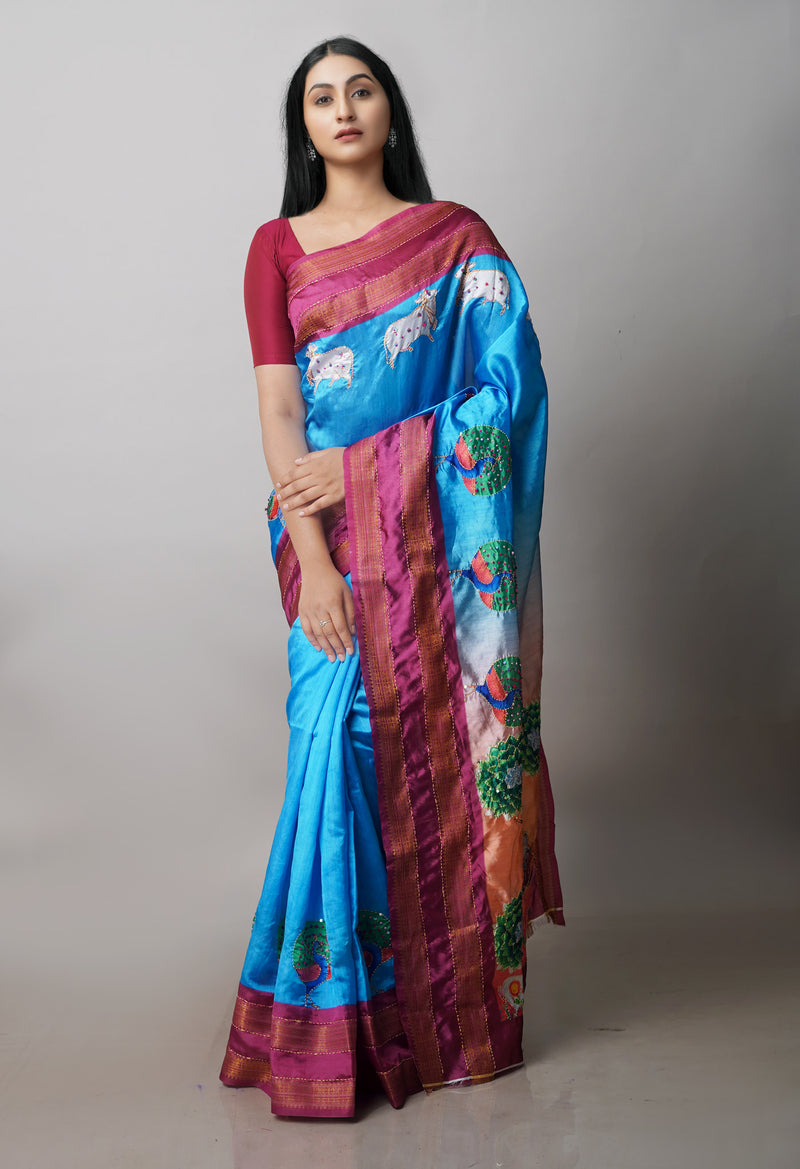 Blue  Kalamkari Printed Soft Silk Saree With Chips,Pichwai and Hand Kantha work
-UNM71464
