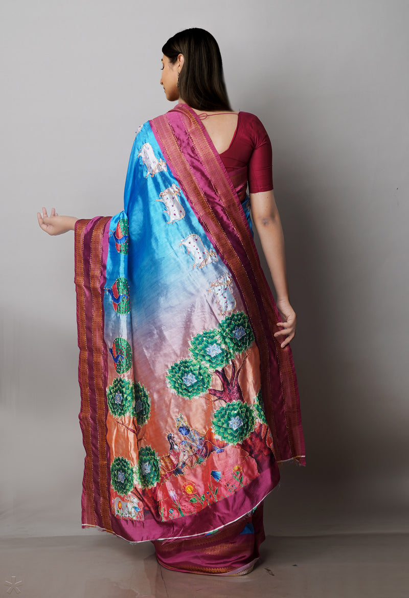 Blue  Kalamkari Printed Soft Silk Saree With Chips,Pichwai and Hand Kantha work
-UNM71464
