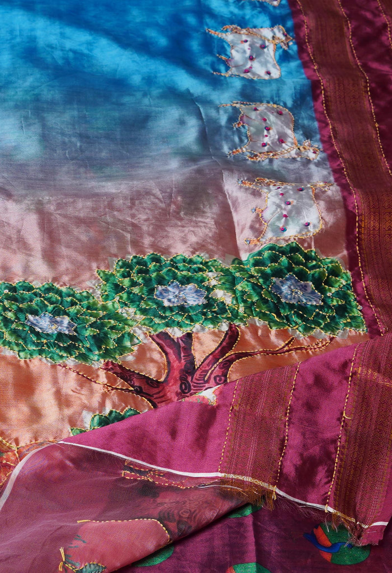 Blue  Kalamkari Printed Soft Silk Saree With Chips,Pichwai and Hand Kantha work
-UNM71464