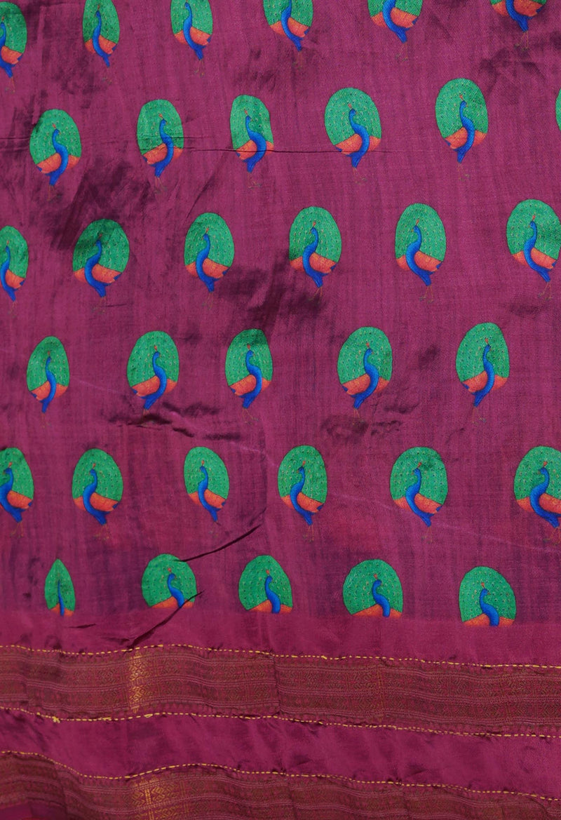 Blue  Kalamkari Printed Soft Silk Saree With Chips,Pichwai and Hand Kantha work
-UNM71464