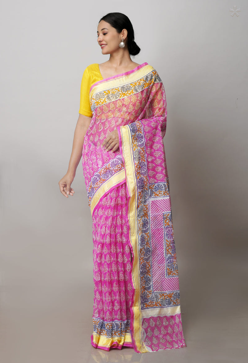 Pink Pure Block Printed Kota Cotton Saree-UNM71467