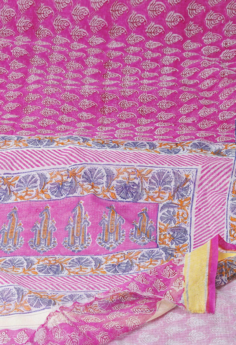 Pink Pure Block Printed Kota Cotton Saree-UNM71467