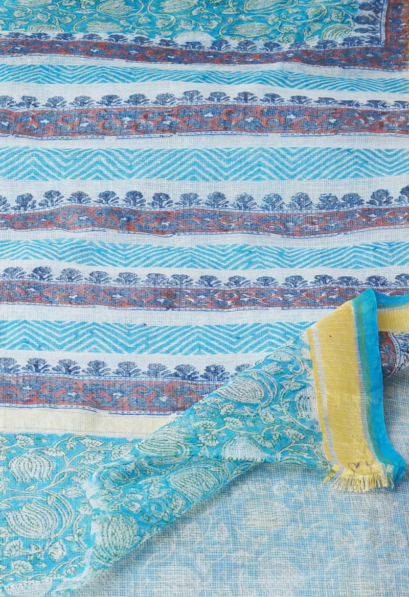 Blue Pure Block Printed Kota Cotton Saree-UNM71468
