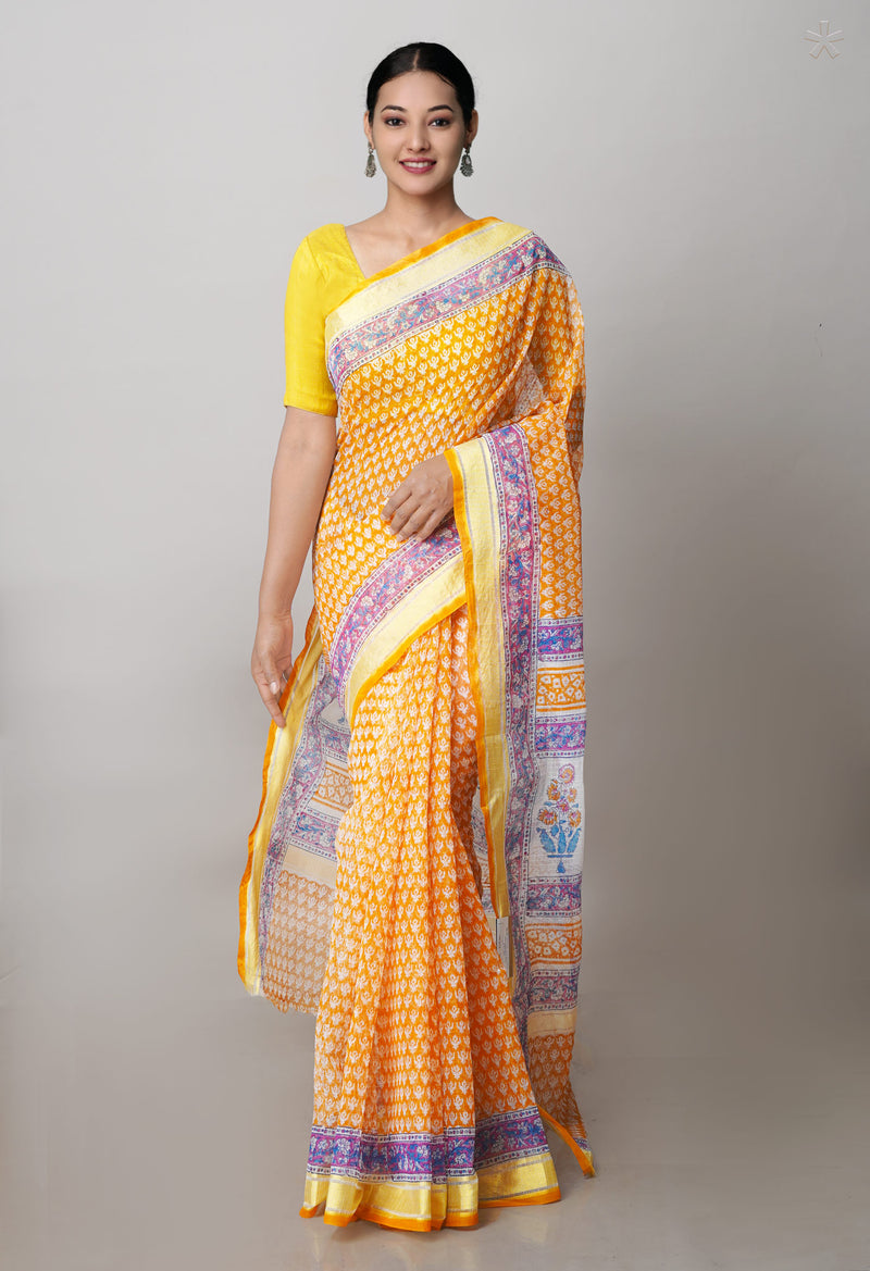 Orange Pure Block Printed Kota Cotton Saree-UNM71470