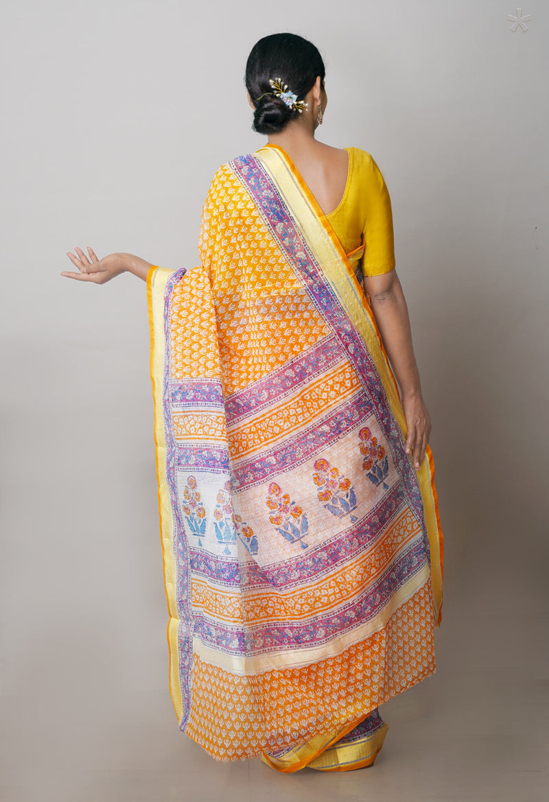 Orange Pure Block Printed Kota Cotton Saree-UNM71470