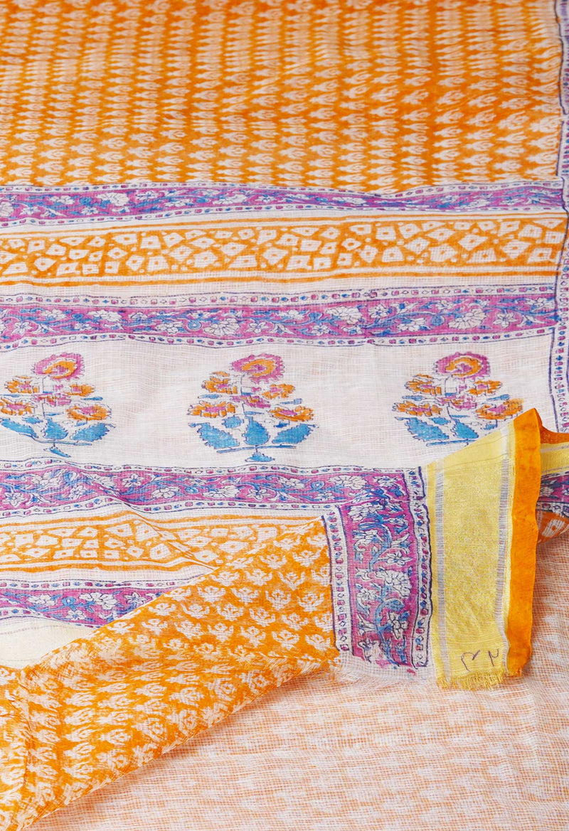 Orange Pure Block Printed Kota Cotton Saree-UNM71470