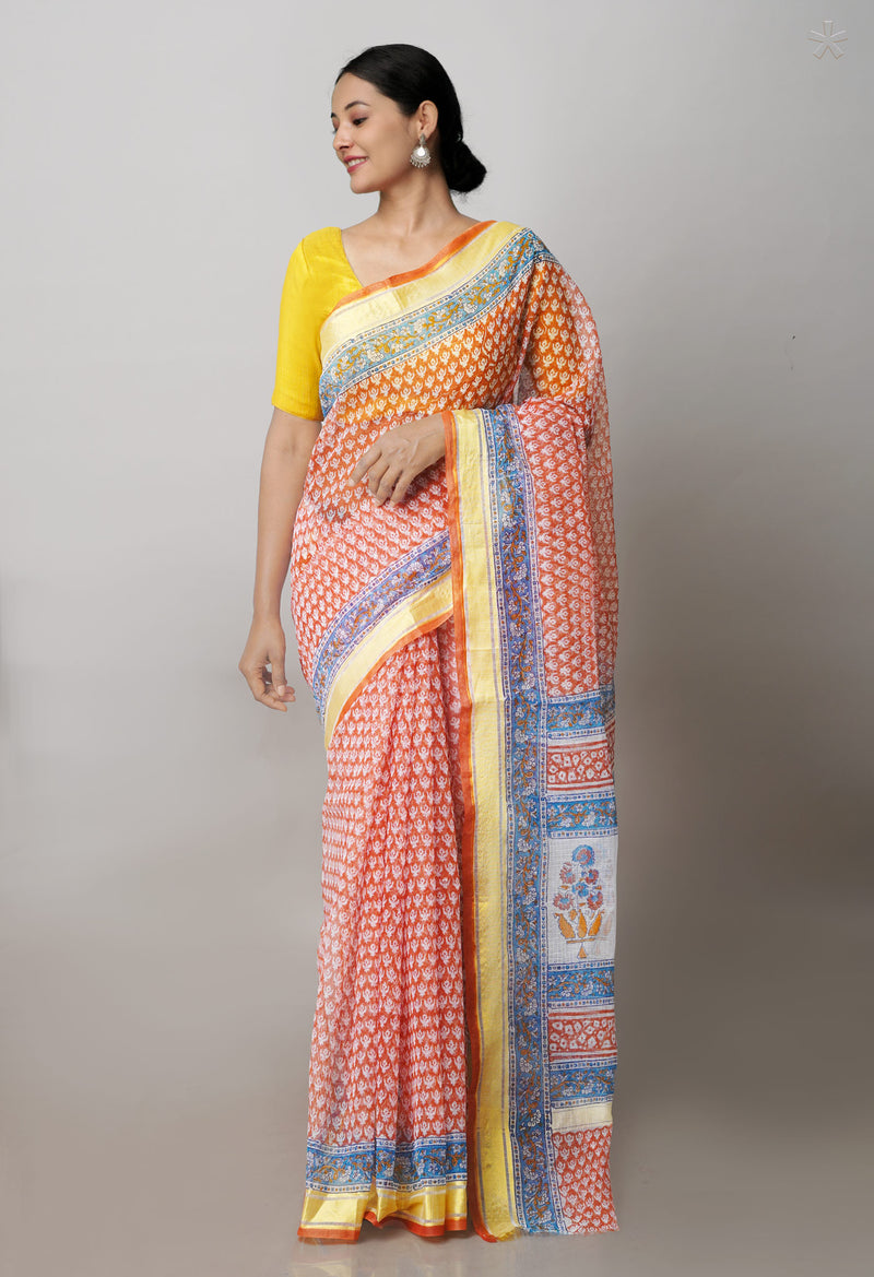 Rust Orange Pure Block Printed Kota Cotton Saree-UNM71471