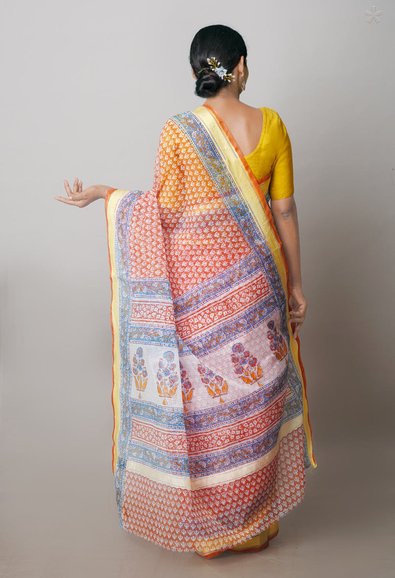 Rust Orange Pure Block Printed Kota Cotton Saree-UNM71471