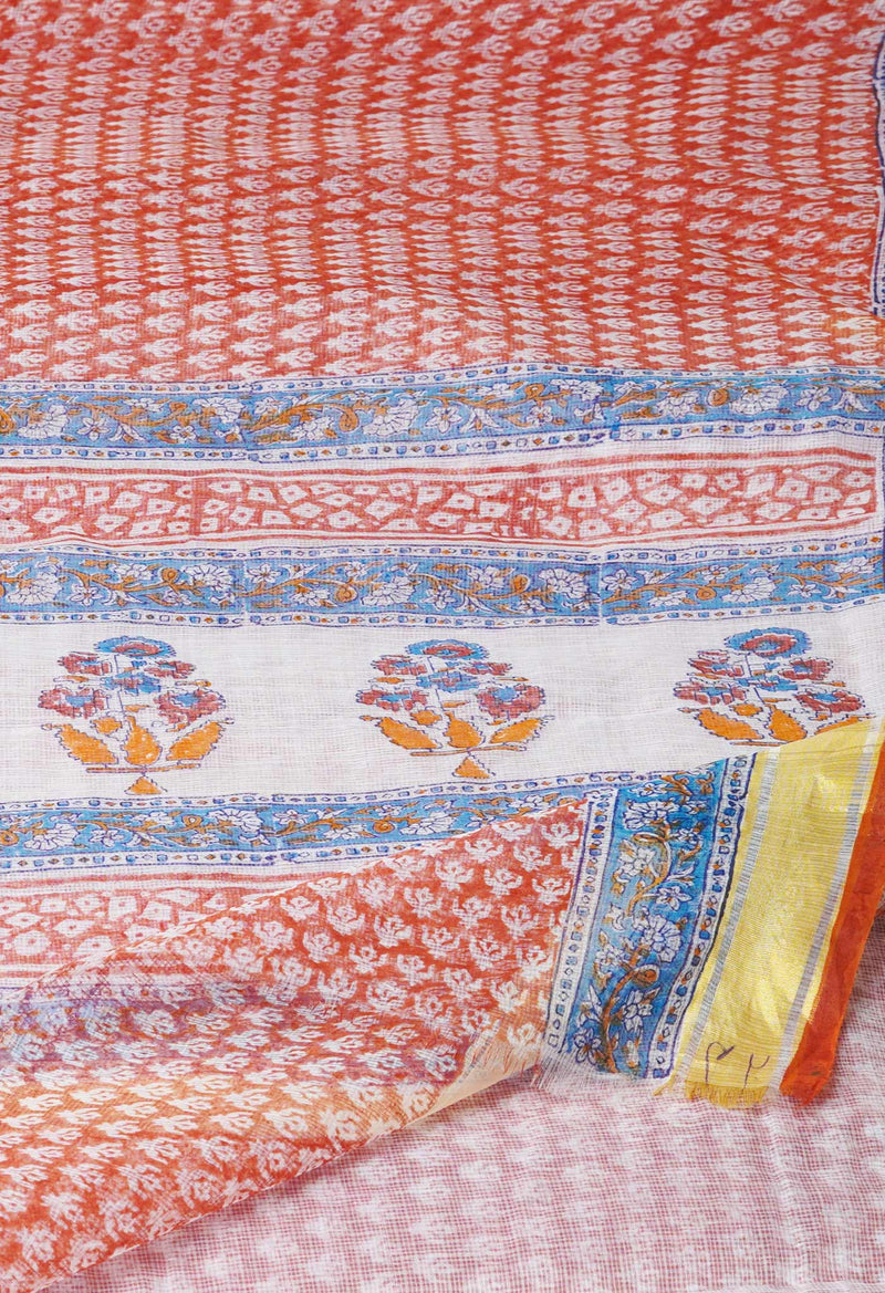Rust Orange Pure Block Printed Kota Cotton Saree-UNM71471