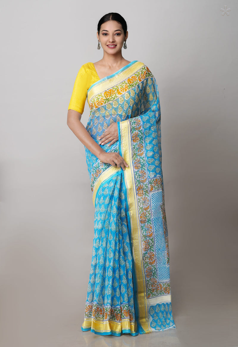 Blue Pure Block Printed Kota Cotton Saree-UNM71472