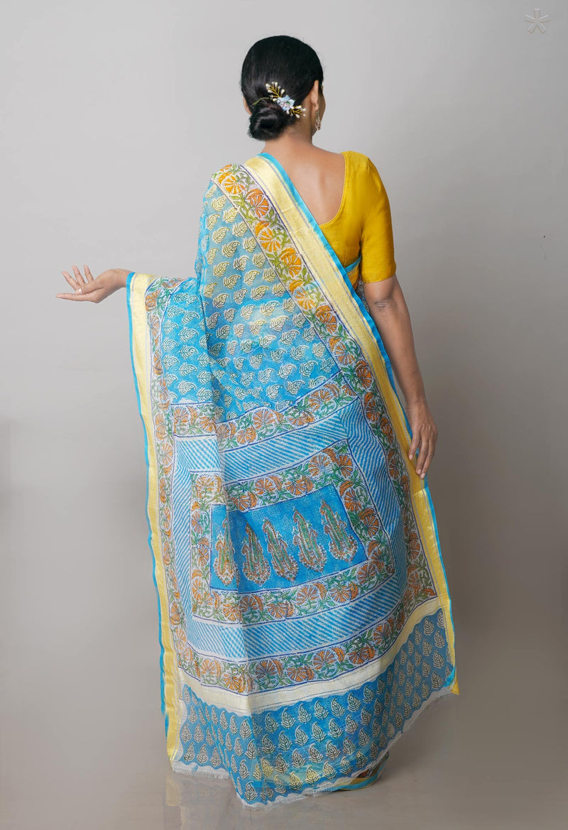 Blue Pure Block Printed Kota Cotton Saree-UNM71472