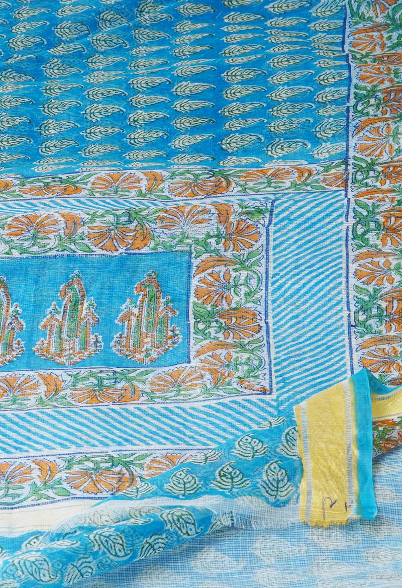 Blue Pure Block Printed Kota Cotton Saree-UNM71472