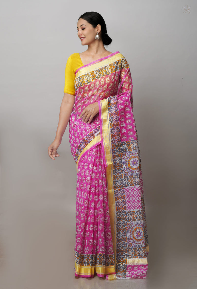 Pink Pure Block Printed Kota Cotton Saree-UNM71473